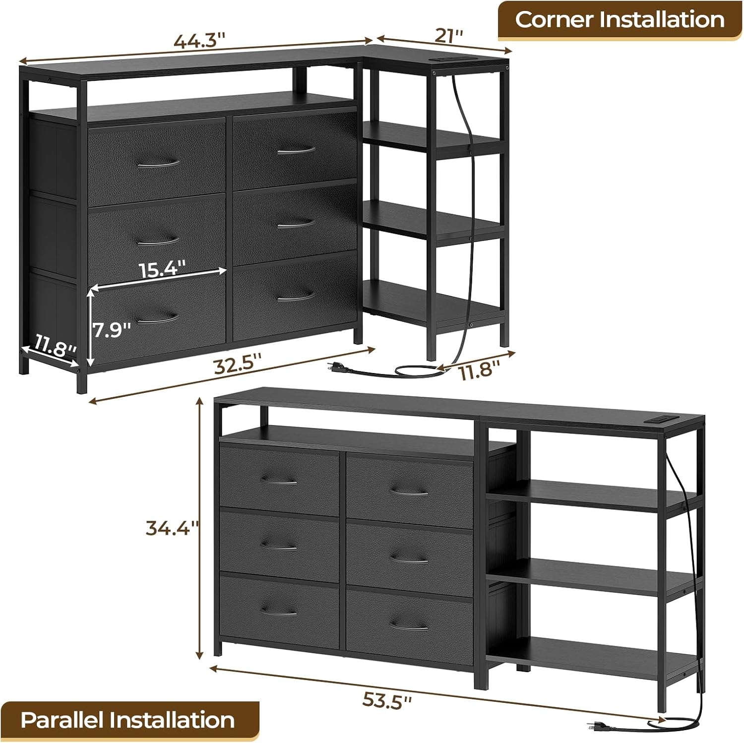 HAUOMS TV Stand for 60 Inch TV,LED Entertainment Center,Black | L Shaped Convertible Dresser with with Power Outlets & Open Shelf,6 Drawers with PU Finish,for Living Room,Bedroom
