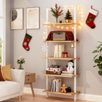 Karl home Oak 5 Tier Wall Mount Ladder Shelf, Metal Frame Open Bookcase