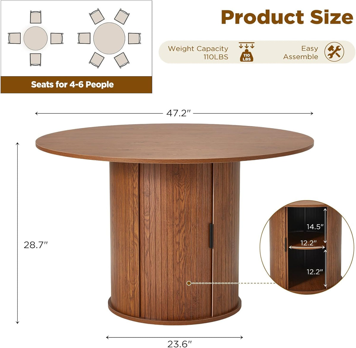 AVAWING 47-inch Round Dining Table for 4-6, Circle Fluted Kitchen Table with 2-Layer Storage Shelf and Wood Slide Door, Mid-Century Modern Fluted Design Wooden Dining Desk for Dining Room, Brown