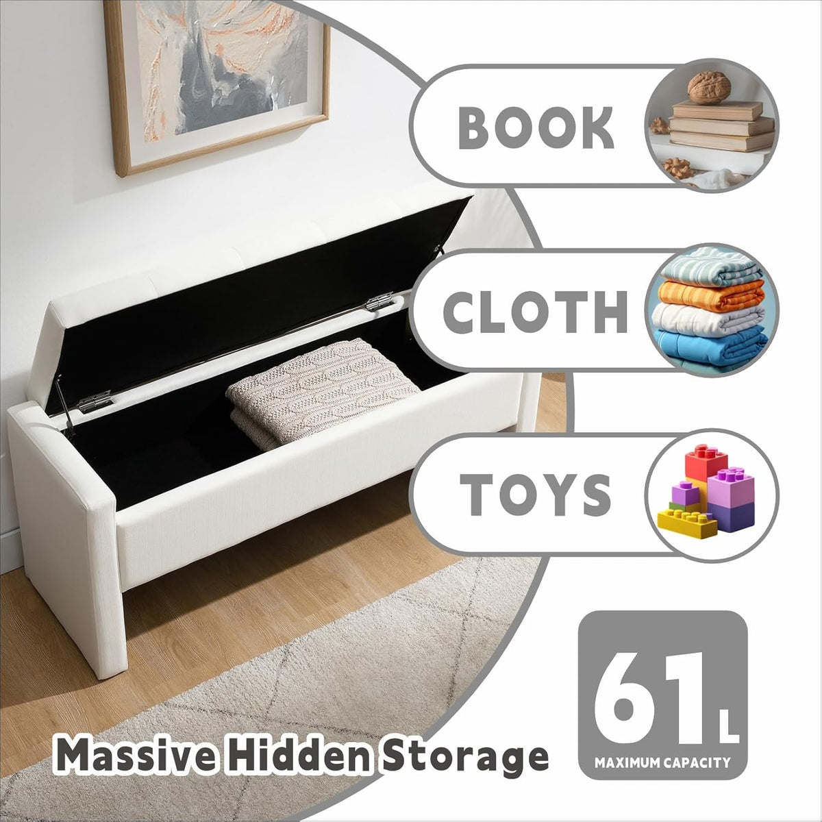 47.25'' Ottoman with Storage, End of Bed Storage Bench, Entryway Bench - Linen Upholstered Multi-Functional Footrest for Bedroom, Living Room, Dorm & Window Bench (A-White)