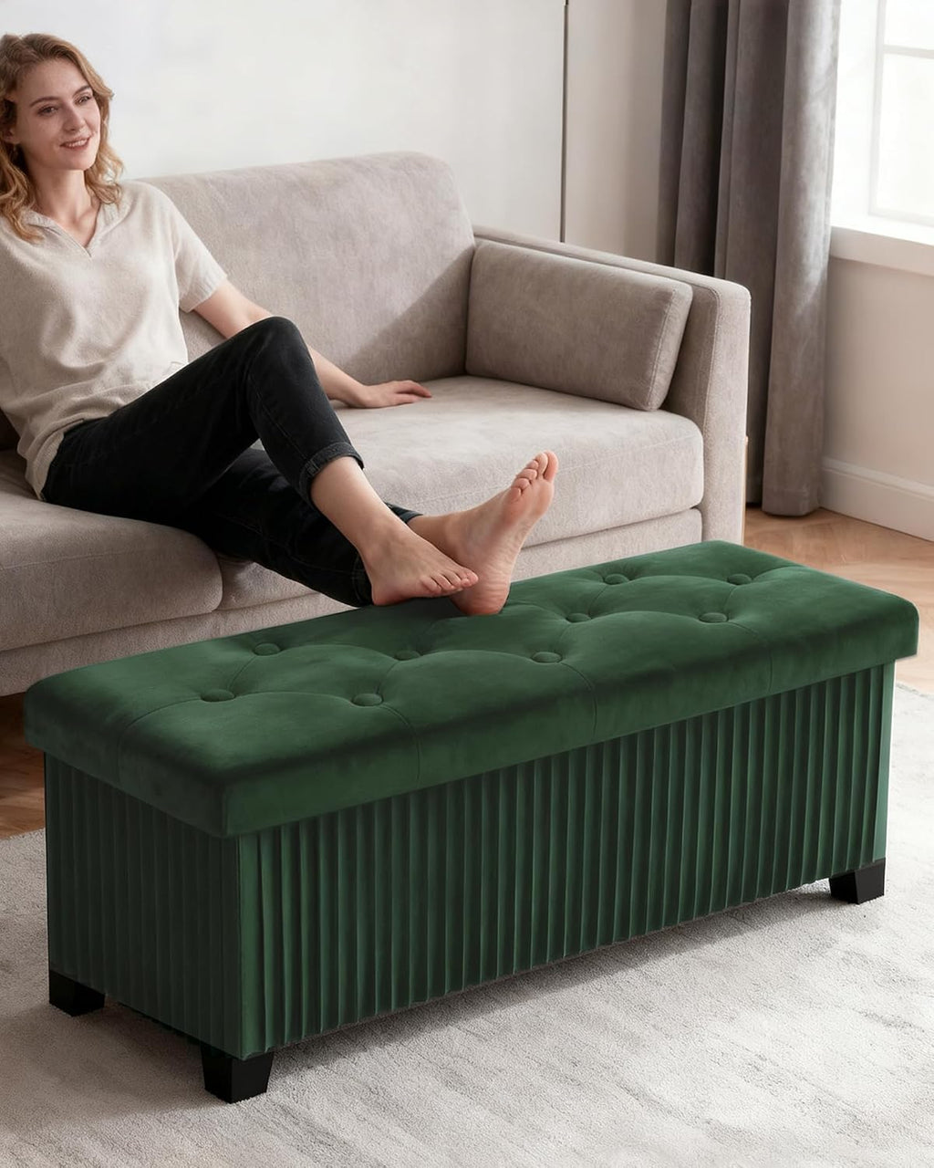 LITZFUR 43 Inches Storage Ottoman Bench, Velvet Foot Rest Stool, Green | Folding Ottoman with Legs, End of Bed Bench, Storage Chest for Living Room, Bedroom