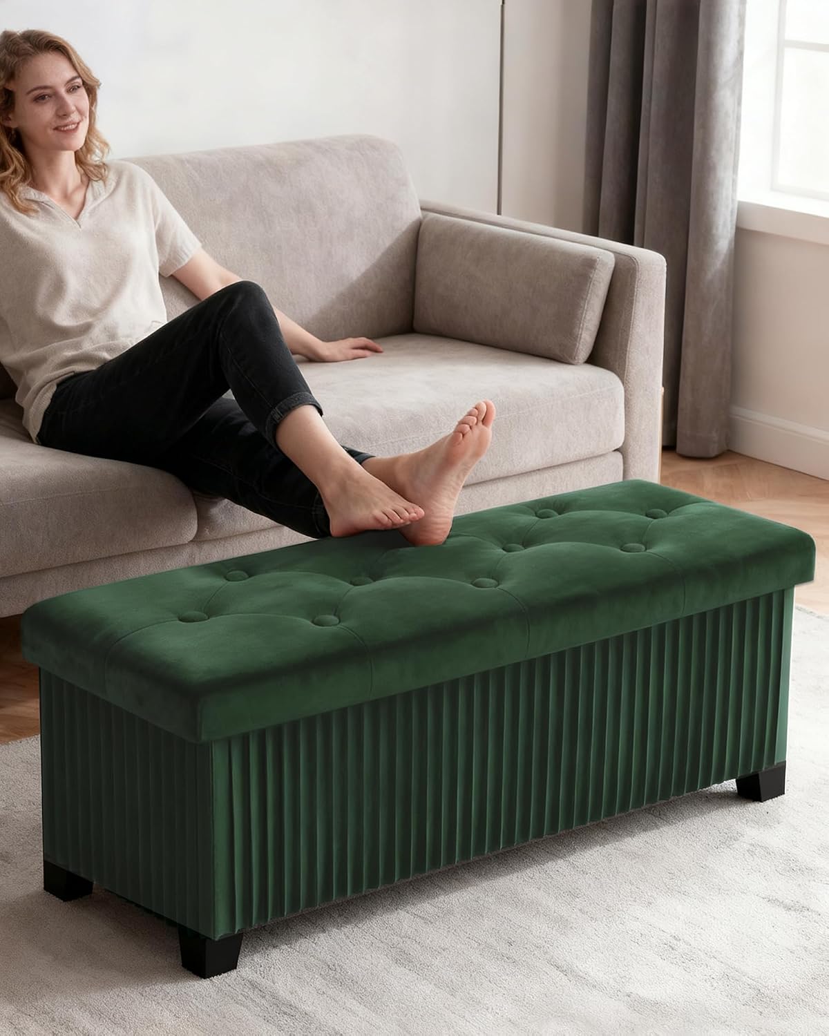 LITZFUR 43 Inches Storage Ottoman Bench, Velvet Foot Rest Stool, Green | Folding Ottoman with Legs, End of Bed Bench, Storage Chest for Living Room, Bedroom