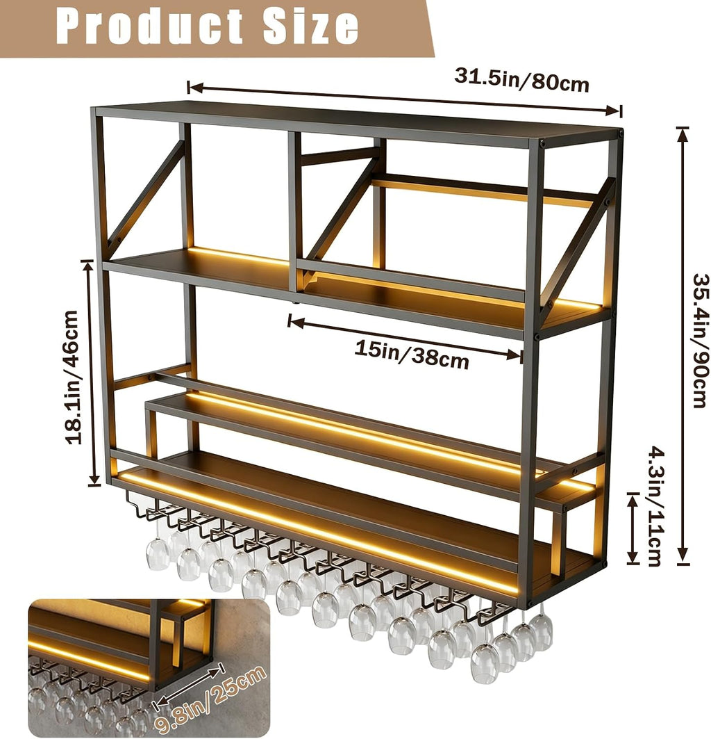 Metal Wall Mounted Liquor Shelf with LED, 31.5in Black (31.5in/80cm) | Floating shelf w/wine glass rack, 45° adjustable step display rack (L-R), for Kitchen/Bar/Cafe/Shop