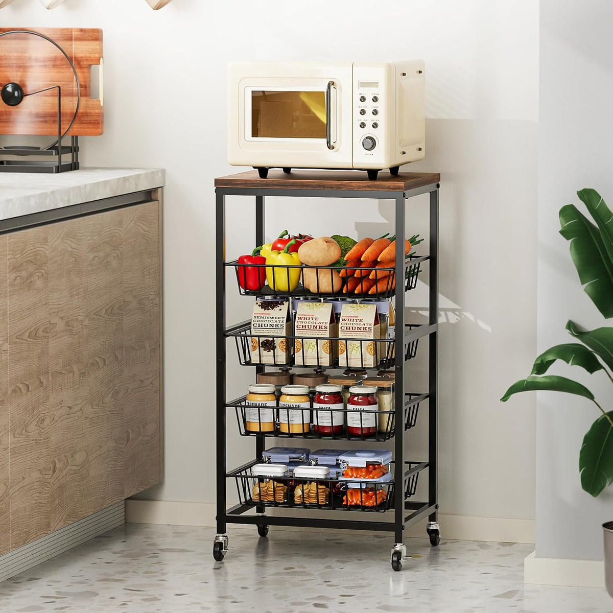 Fruit Vegetable Cart, 4-Tier Snack & Kitchen Cart on Wheels with Storage, Pull-Out Baskets & Wood Top, Rolling Organizer for Pantry, Living Room (Brown)