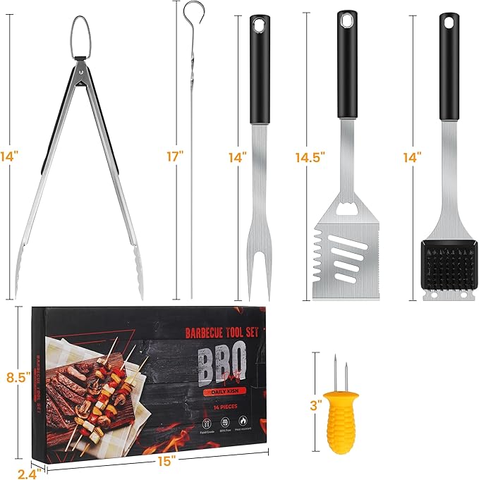 Grill Accessories Kit, Stainless Steel Grill Tool Set with 4-in-1 BBQ Spatula, Fork, Tong, Brush, Skewers, Silicone Corn Holders, Grilling Gift Set for Men and Women