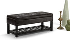 SIMPLIHOME Cosmopolitan 44" Wide Vegan Leather Storage Ottoman in Brown | Tanners brown, transitional storage ottoman bench with tufted lift-top and open shelf; rectangle footstool or footrest.