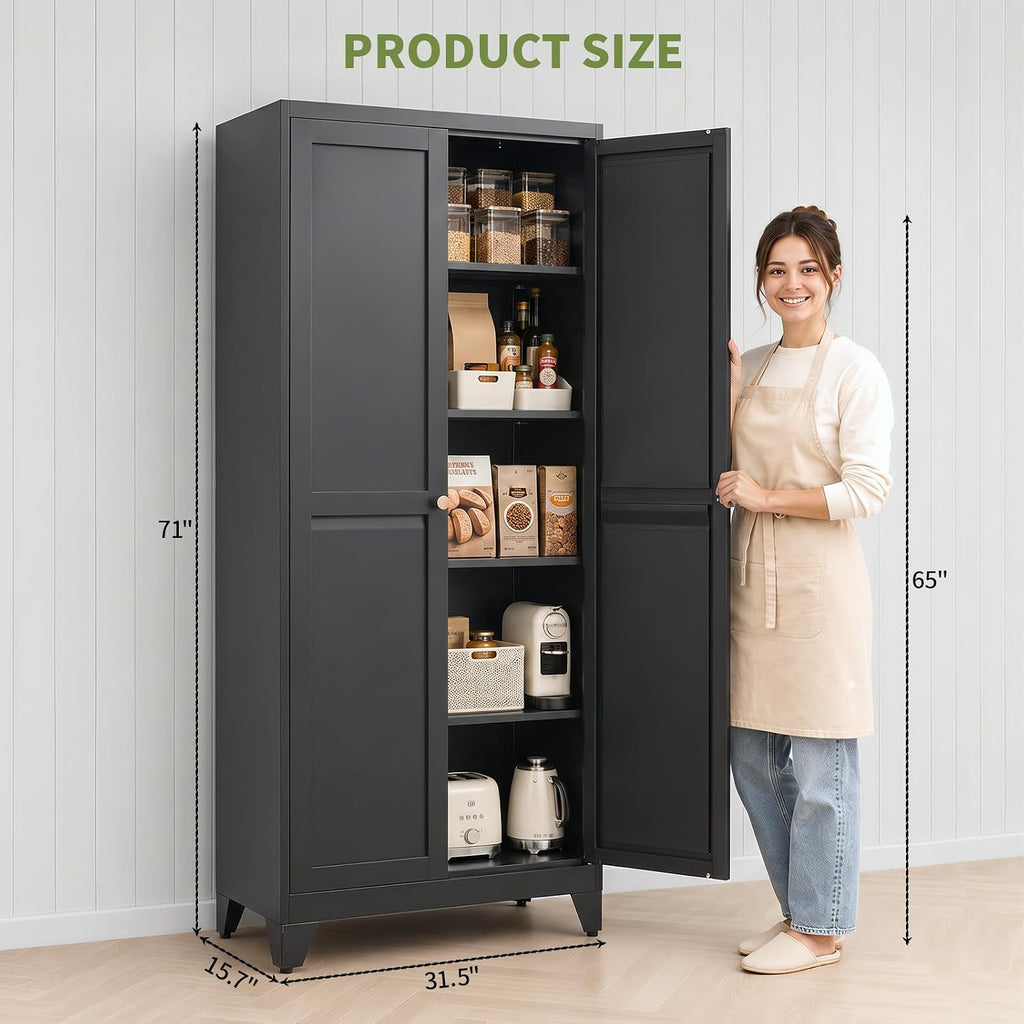 71" Metal Kitchen Pantry Cabinet with 4 Adjustable Shelves & Doors | Freestanding Metal Storage Cabinet with Adjustable Leveling Feet for Kitchen, Pantry & Dining Room, Black