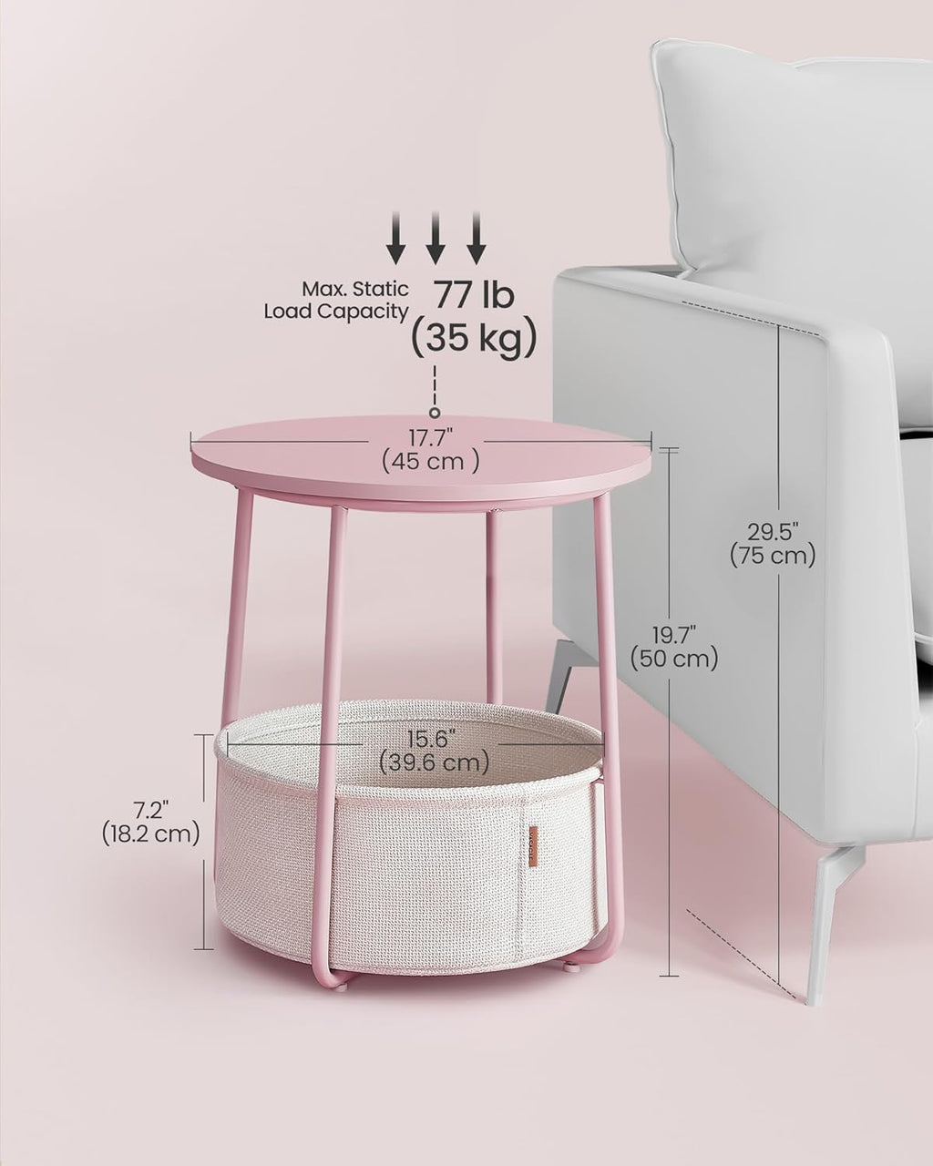 VASAGLE Nightstands, Set of 2 Small Round Side Tables with Fabric Basket, Bedside End Tables, for Bedroom, Jelly Pink and Cream White ULCT668R01