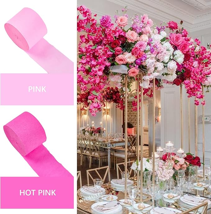 PartyWoo Crepe Paper Streamers 4 Rolls 328ft, Pack of Hot Pink and Pink Crepe Paper for Party, Wedding, Birthday, Baby Shower Decorations, Valentines Day Decorations (1.8 Inch x 82 Ft/Roll)