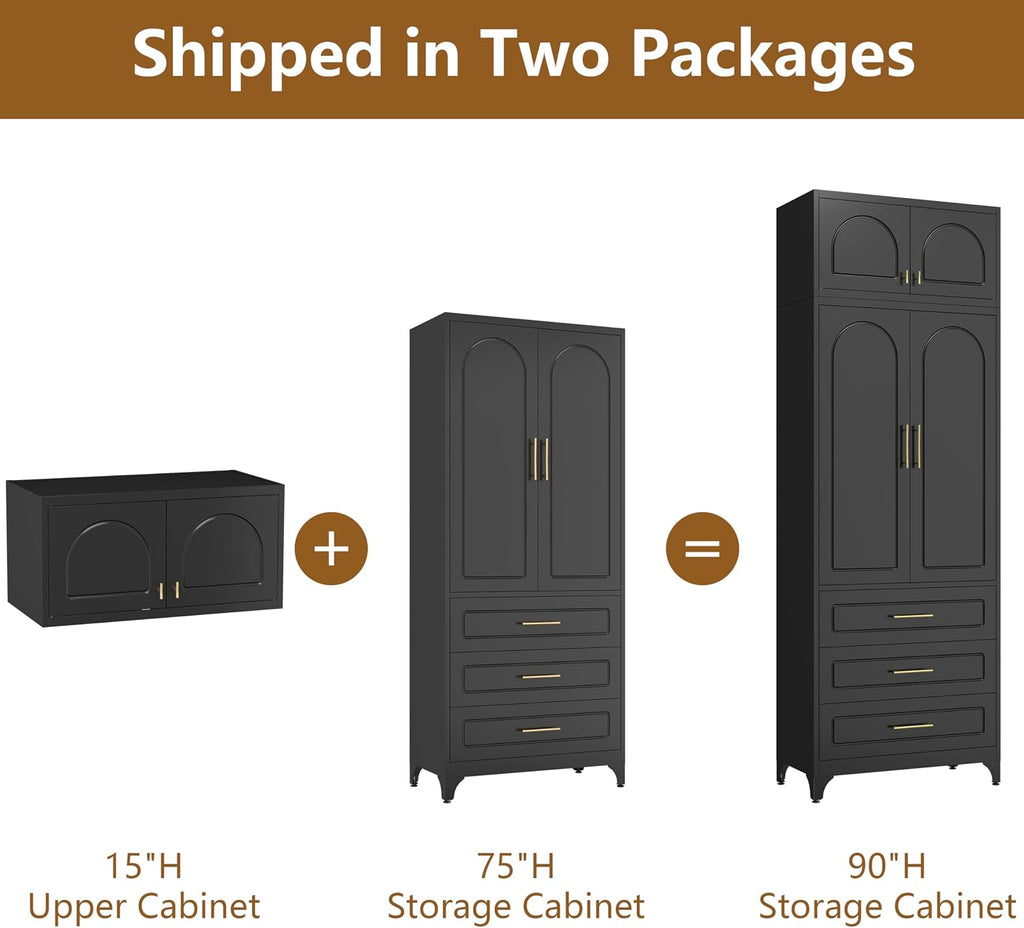 Polup Kitchen Pantry Cabinet with 3 Drawers, 90" Tall Metal Storage Cabinets with Doors and Shelves, Food Cupboards for Dining, Living Room, 16" D x 32" W x 90" H, Black, Assembly Required