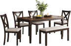 AMERLIFE 6-Piece Farmhouse Dining Table Set for 6-7, 60" Solid Wood Kitchen Table and Chairs, 1 Dining Table, 4 Upholstered Chairs and 1 Bench, Rustic Dining Room Set, Brown