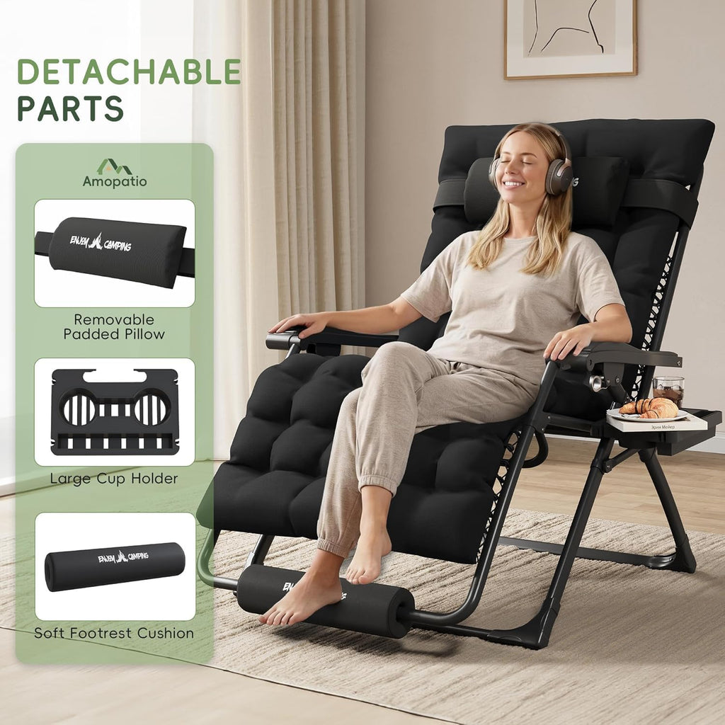 Amopatio Oversized Zero Gravity Chair XXL 33Inch Reclining Camping Lounge Chairs w/Removable Cushion&Headrest, Upgraded Lock and Footrest, Folding Patio Recliner for Indoor Outdoor, Black
