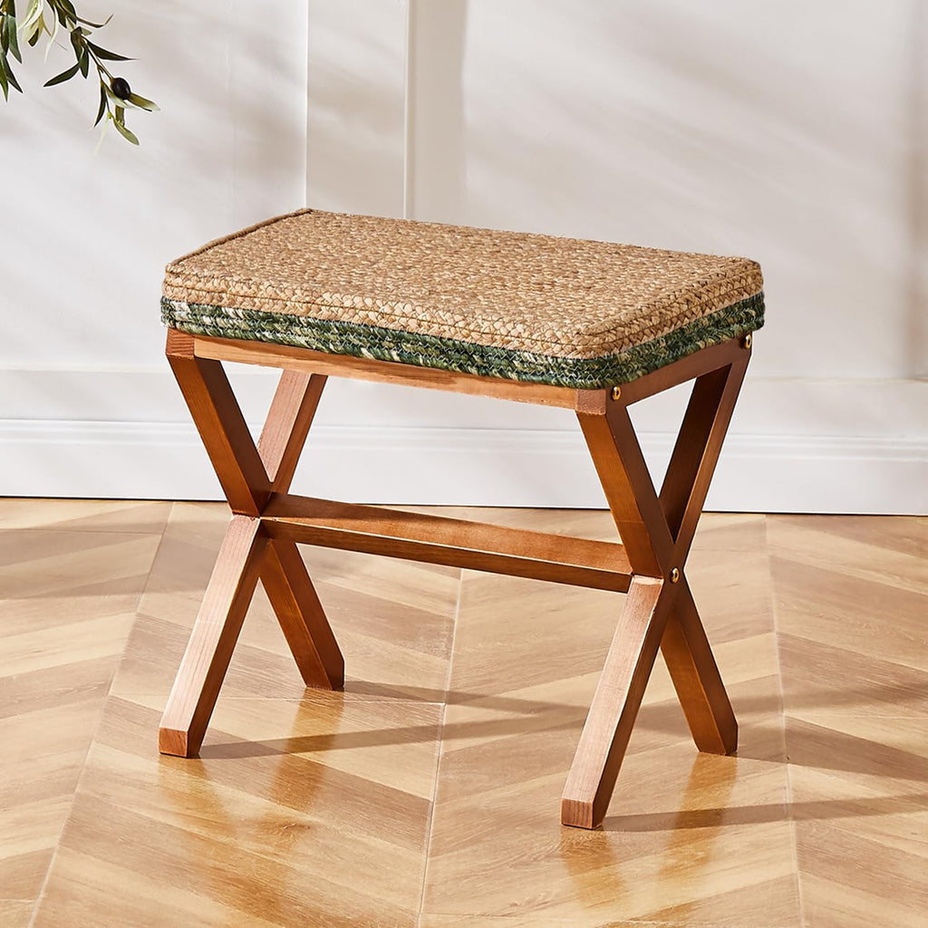 Natural Seagrass Ottoman Footstool with Solid Wood Legs – Handwoven Rectangular Foot Rest for Living Room, Patio & Balcony
