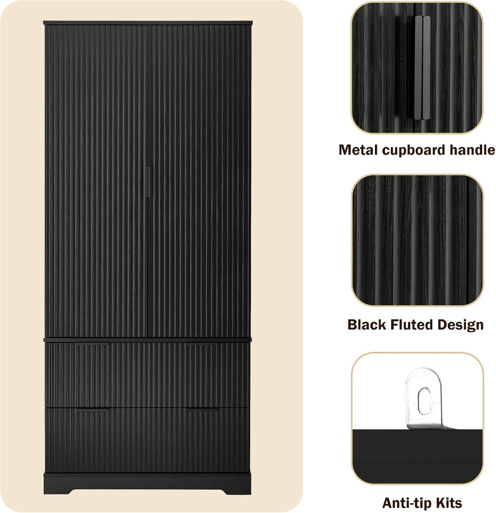 72" Modern Fluted Kitchen Pantry Cabinet with 2 Large Drawers & 8-Door Spice Rack, Freestanding Storage Organizer for Entryway, Dining Room, Office, and Bathroom (Black)