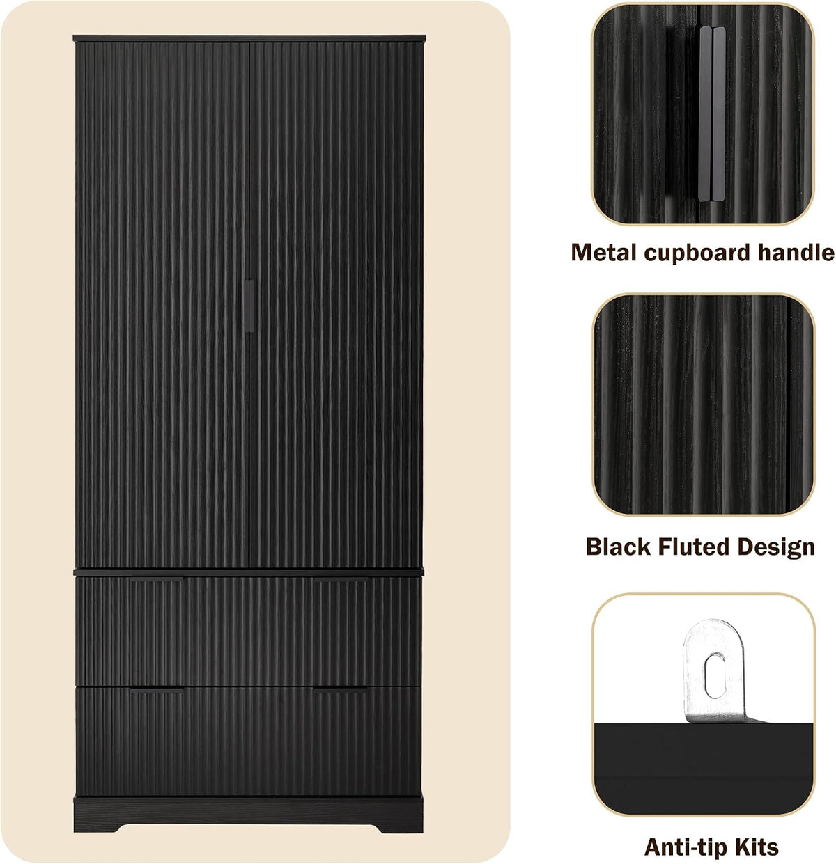 72" Modern Fluted Kitchen Pantry Cabinet with 2 Large Drawers & 8-Door Spice Rack, Freestanding Storage Organizer for Entryway, Dining Room, Office, and Bathroom (Black)