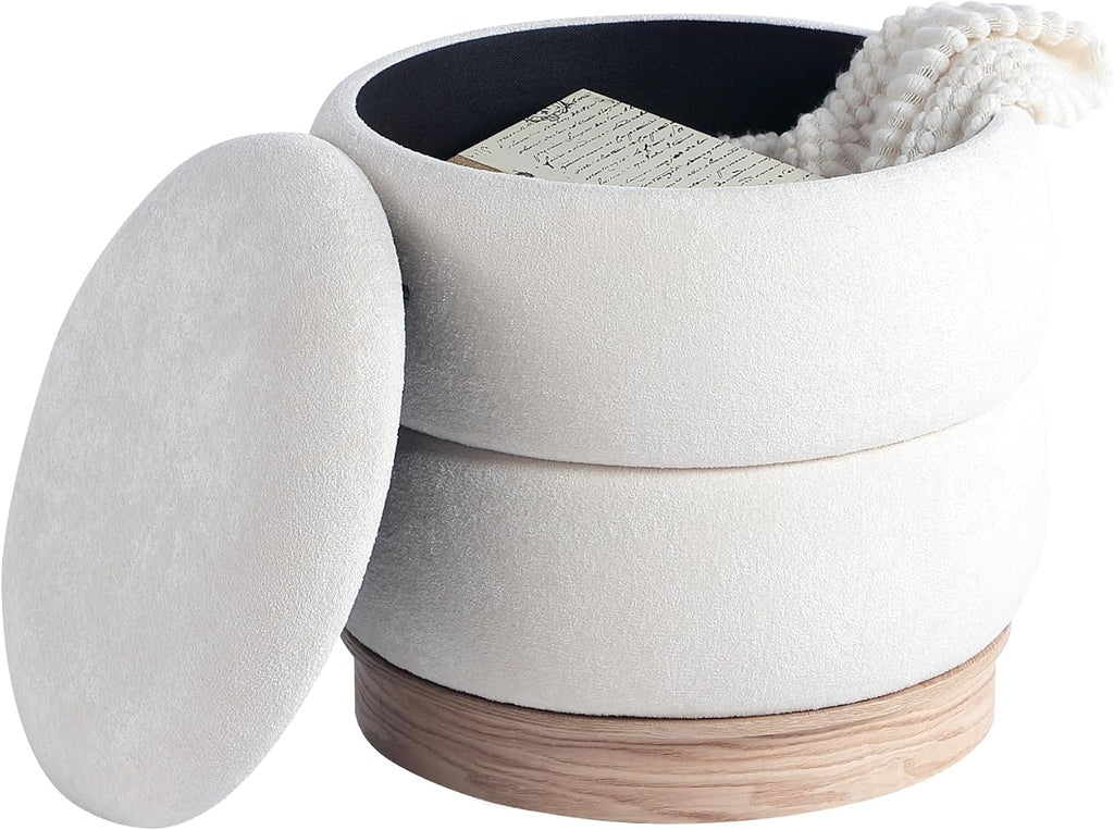 Get Set Style Round Ottoman with Wooden Base, Storage Vanity Stool for Makeup, Upholstered Footrest Stool Ottoman Foot Stool for Living Room, Bedroom
