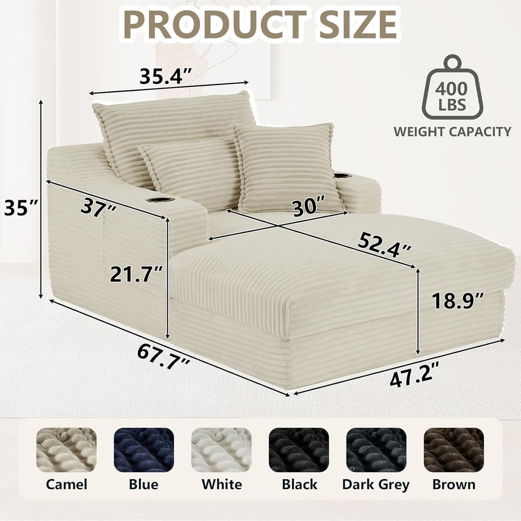 67.7" Chaise Lounge Chair Indoor with Cup Holders & Side Pocket, Oversized Floor Lounger Chairs Indoor with 3 Soft Pillows, Deep Seat Reading Lounge Couch for Living Room, Apartment, Camel