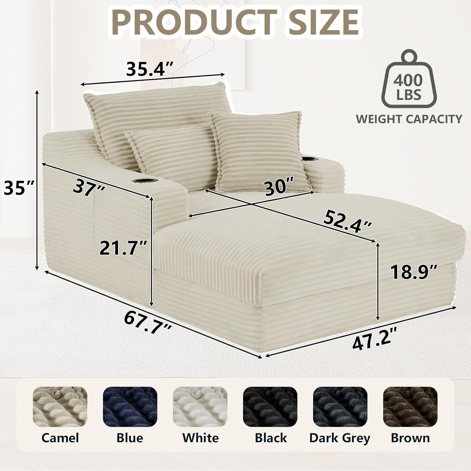 67.7" Chaise Lounge Chair Indoor with Cup Holders & Side Pocket, Oversized Floor Lounger Chairs Indoor with 3 Soft Pillows, Deep Seat Reading Lounge Couch for Living Room, Apartment, Camel