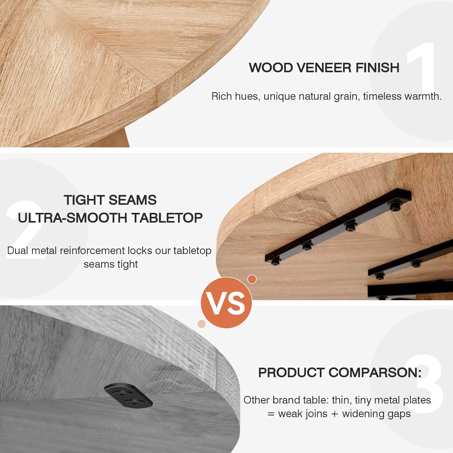 47" Round Dining Table for 4 6 People, [Fanned Base] [1.38" Thick Top] Farmhouse Wood Kitchen Table for Dining Living Room Home, Natural