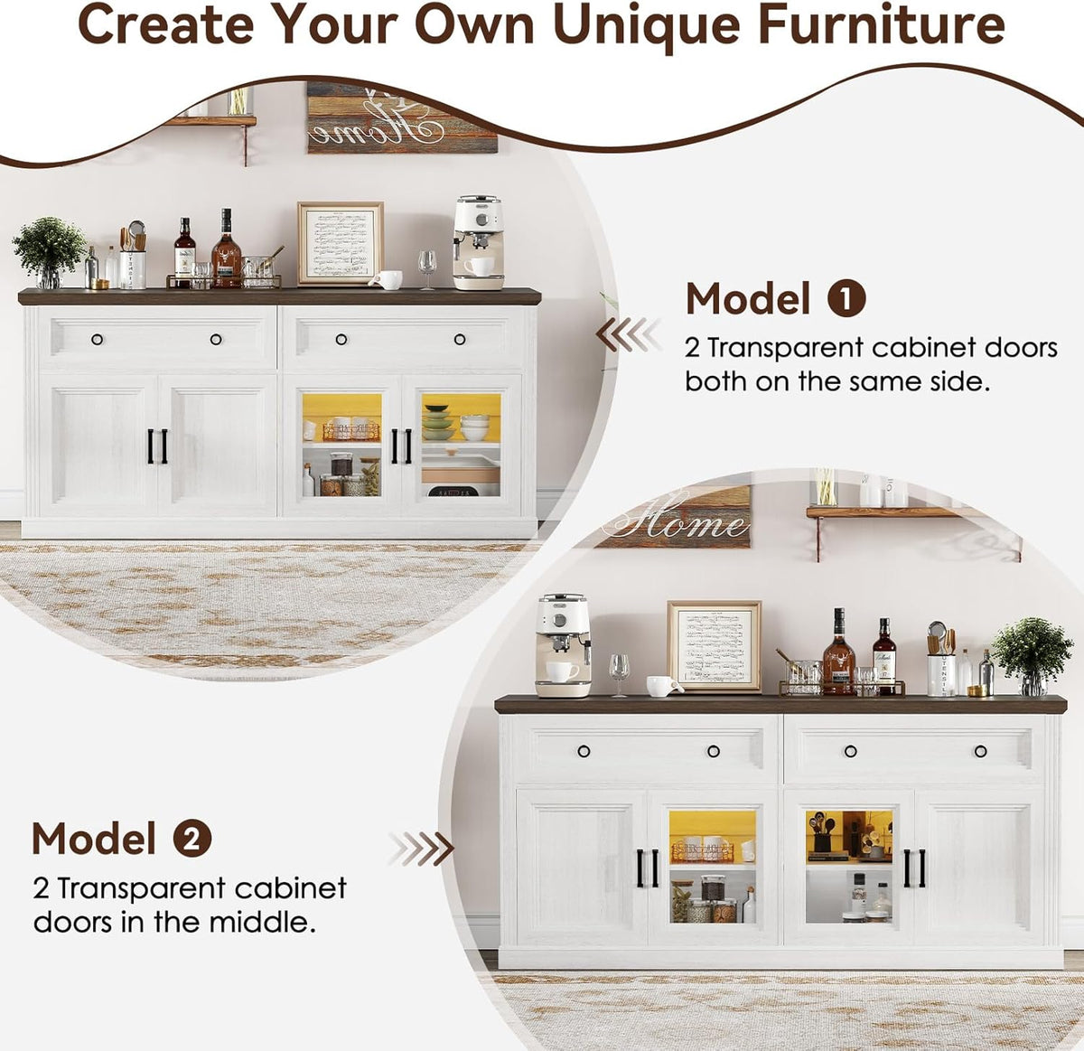 63'' Sideboard Buffet Cabinet with Storage, Modern Credenza with Outlets & LED Light, 2 Drawers, 4 Doors, Adjustable Shelves, Coffee Bar Cabinet for Kitchen Living Room, Antique White