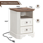 T4TREAM Farmhouse Nightstand Set of 2 with Charging Station, 18" End Table with 2 Drawers, Wood Side Table, Bedside Cabinet for Bedroom, Living Room (Antique White)
