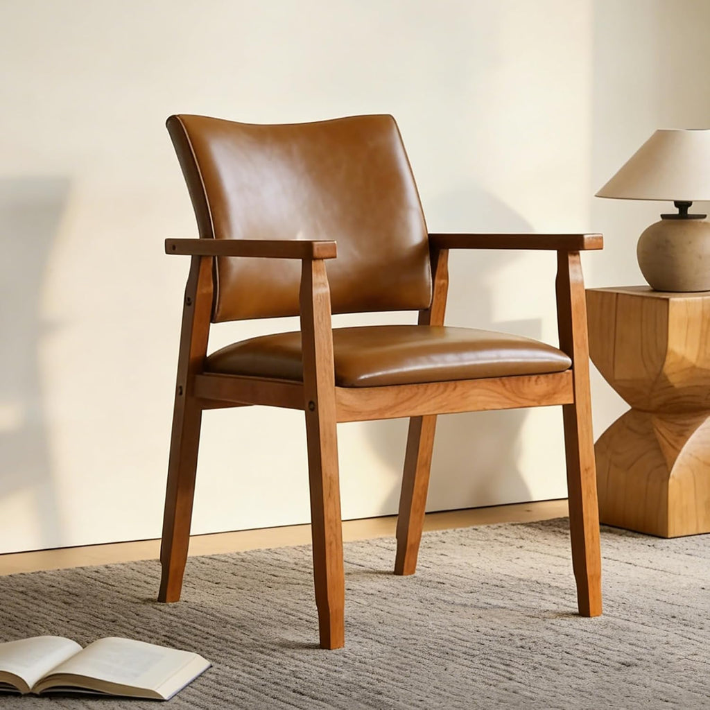 NOBPEINT Mid-Century Modern Dining Chairs with Armrest Set of 1, PU Leather Upholstered Dining Room Chairs with Solid Wood Frame, Walnut Kitchen Armchairs for Kitchen Living Room Restaurant, Brown