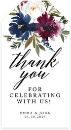 Andaz Press 100-Pack Personalized Thank You for Celebrating with Us Wedding Favor Tags with Bakers Twine Navy Blue Burgundy Florals Custom Cardstock Wedding Gift Tags for Party Favors 2 x 3.75-Inches