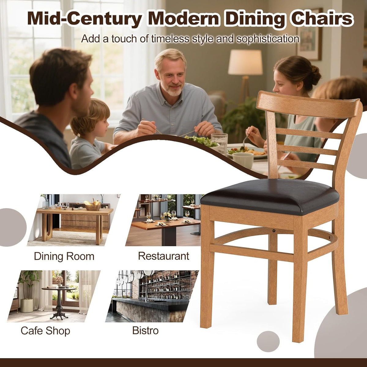 KOTEK Wooden Dining Chairs Set of 2, Solid Rubber Wood Kitchen Chairs with PU Leather Cushioned Seat and Curved Backrest, Armless Side Chairs for Dining Room, Living Room (Brown & Black)