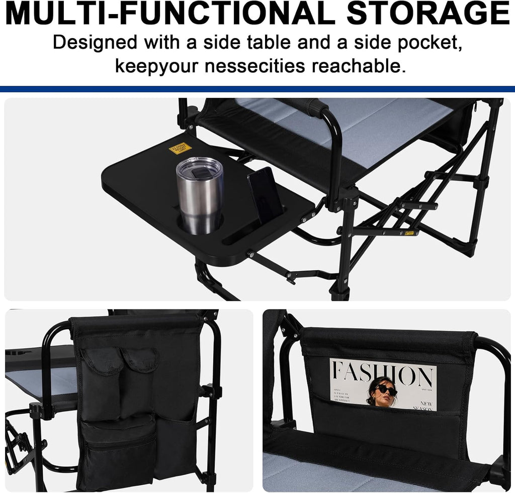 Romswi 2Pack Director Chairs for Outdoor, Folding Camping Chair, Compact Directors Chair Side Table and Side Bag, Heavy Duty Oversize Chair for Beach Fishing Picnic, Holds up to 400 lbs Black