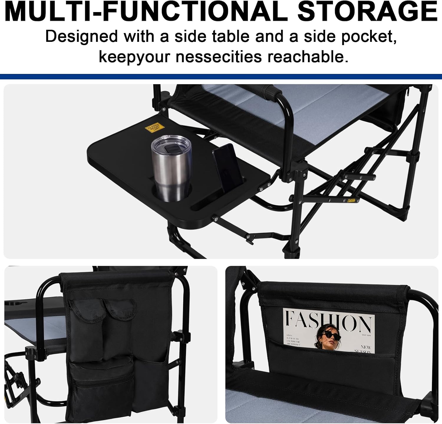 Romswi 2Pack Director Chairs for Outdoor, Folding Camping Chair, Compact Directors Chair Side Table and Side Bag, Heavy Duty Oversize Chair for Beach Fishing Picnic, Holds up to 400 lbs Black