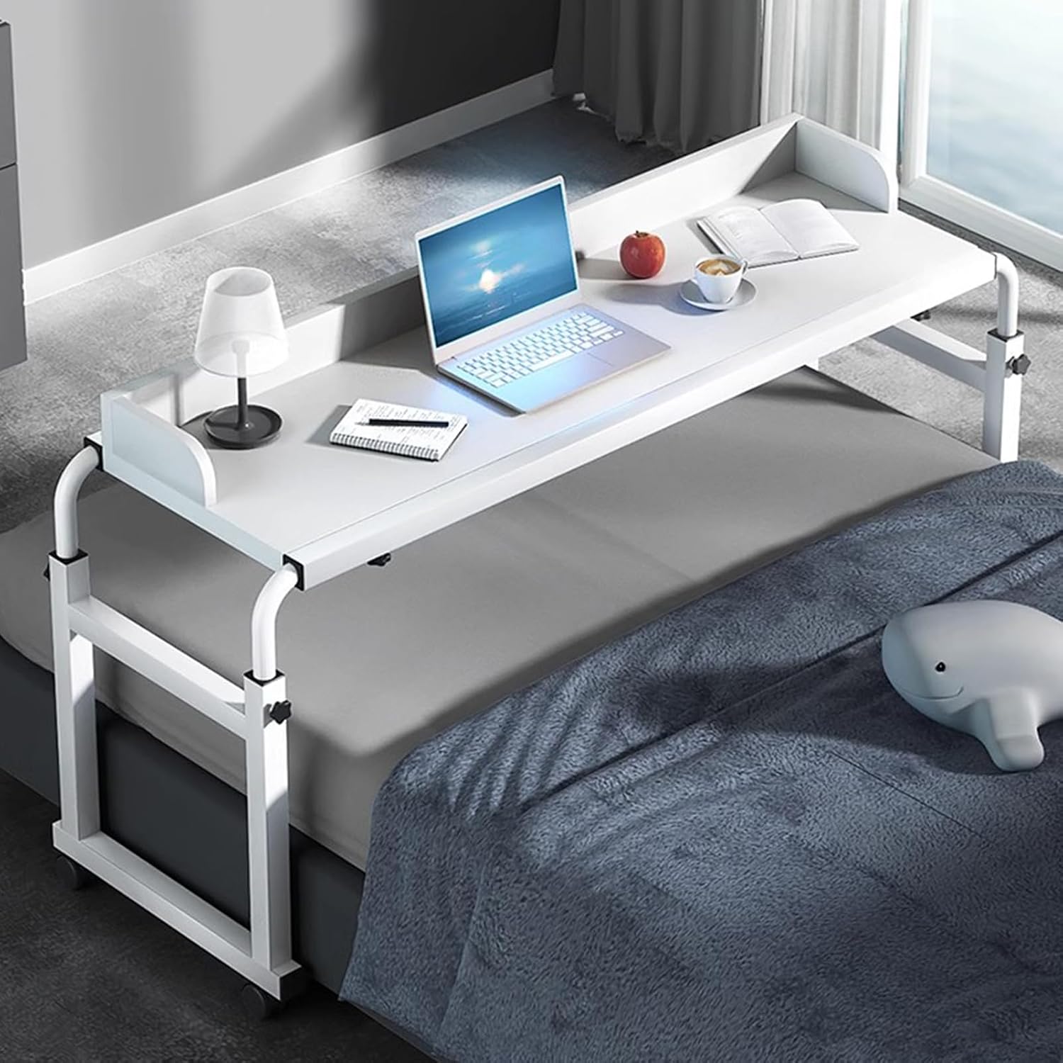 Adjustable Overbed Table - Height Length Adjustable Medical Overbed Table,Queen Size Over Bed Desk with 360° Wheels,Rolling Desk for Full/Queen/King Bed,350lbs Weight Capacity,N