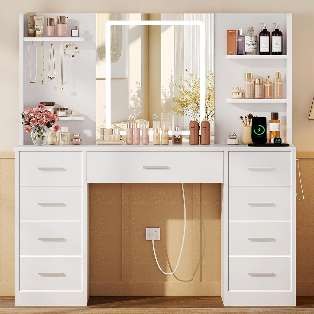 FIONESO Vanity Desk with Mirror and Lights, Makeup Vanity with 9 Drawers & Power Outlet, 5 Hooks & 6 Open Shelves, 3 Lighting Colors & Adjustable Brightness, White Vanity for Girls