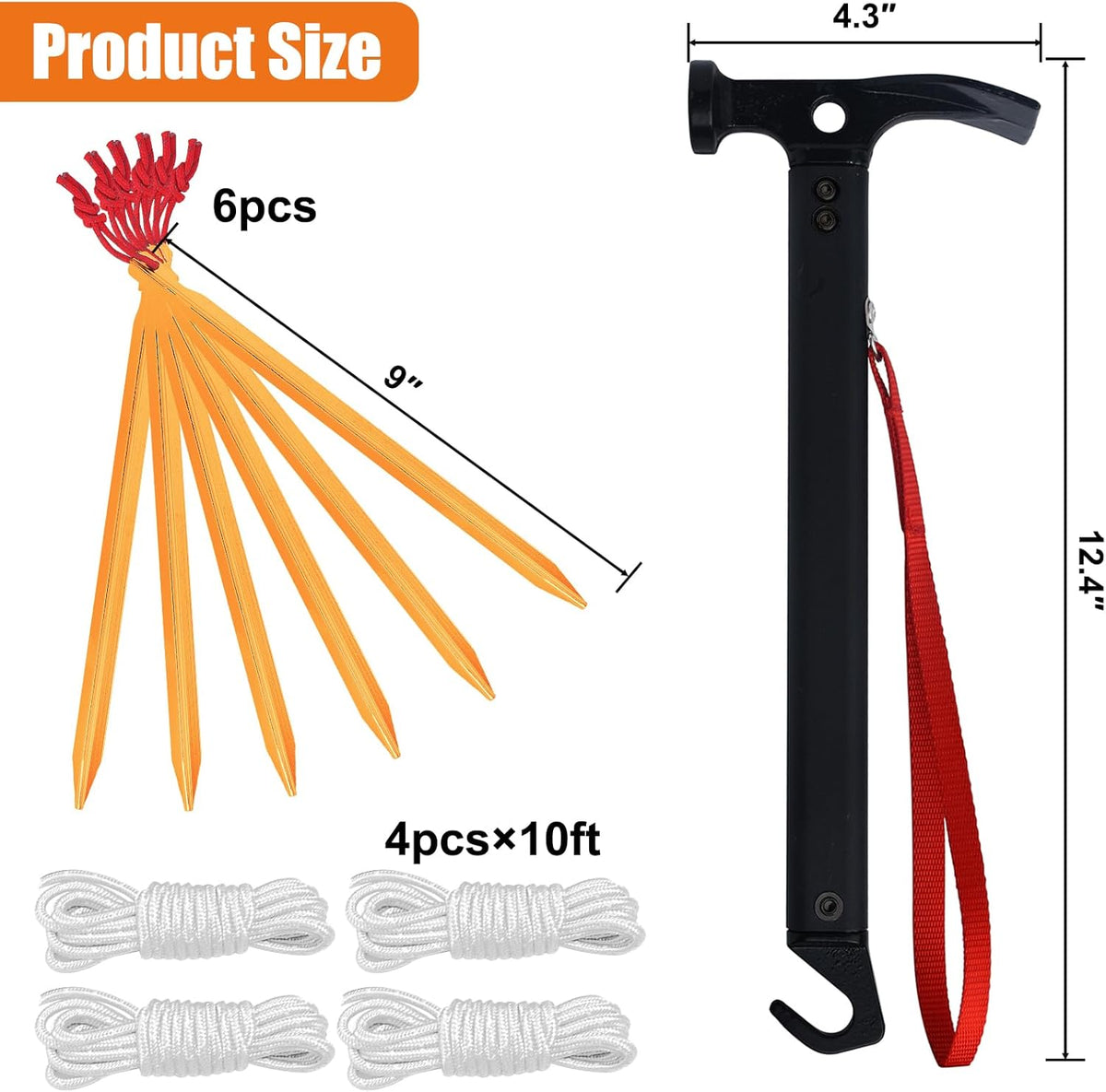 Eurmax USA Hiking Camping Tent Stakes and Hammer Set Lightweight Multi-Function Tent Hammer with Tent Stake Remover,Tent Pegs for Camping, Hiking, Backpacking, Gardening(Gold Stakes)
