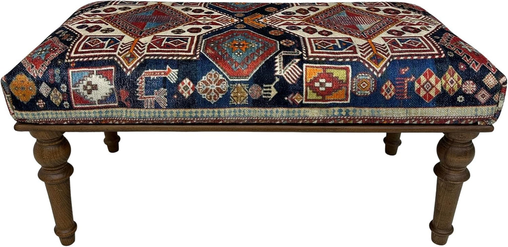 Animal Print Rug Upholstered Ottoman, Boho Piano Bench, Decorative Wood Bench, Farmhouse Bench, Red Blue Entry Bench, Kitchen Dining Bench, Footstool (18x18x36, Red-Blue)