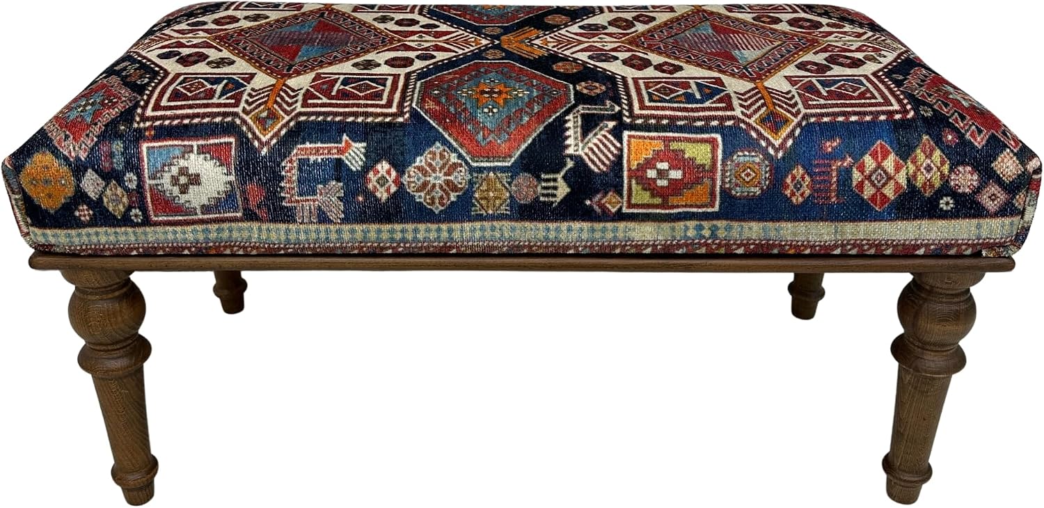 Animal Print Rug Upholstered Ottoman, Boho Piano Bench, Decorative Wood Bench, Farmhouse Bench, Red Blue Entry Bench, Kitchen Dining Bench, Footstool (18x18x36, Red-Blue)