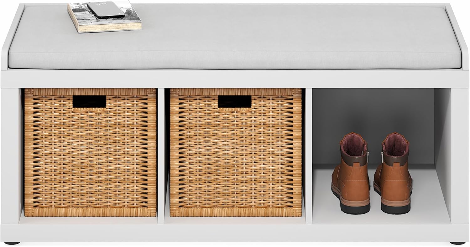 Furinno Cubicle Storage Bench, Shoe Bench with Padded Seat Cushion, 3-Cube Open Shelves Entryway Bench, for Closet, Entryway, Living Room, White