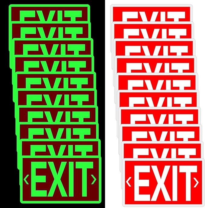 20 Pcs Glow in the Dark Exit Signs for Business 12 x 7 Inch Photoluminescent Signs Stickers for Indoor Outdoor for Business, Office, Warehouse (with Arrows)
