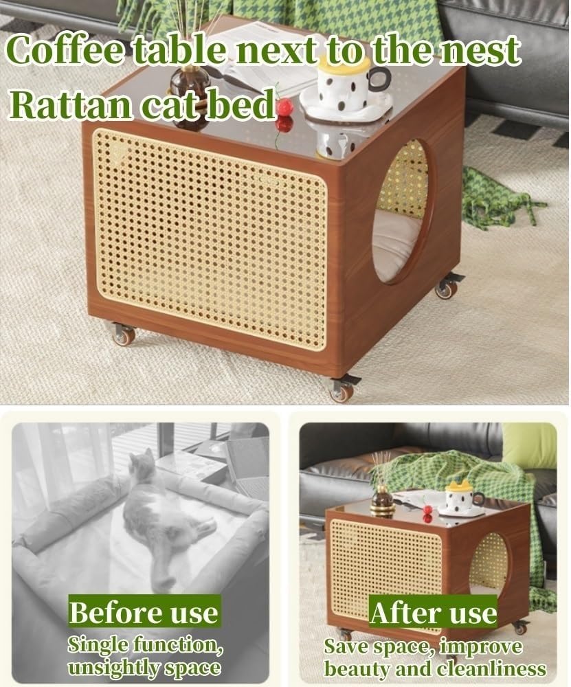 2-in-1 Cat Coffee Table Wood Rattan Side Cabinet with Glass Top Wheels Shared Pet-Human Furniture for Living Room Room Long-Lasting