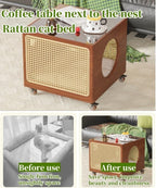 2-in-1 Cat Coffee Table Wood Rattan Side Cabinet with Glass Top Wheels Shared Pet-Human Furniture for Living Room Room Long-Lasting
