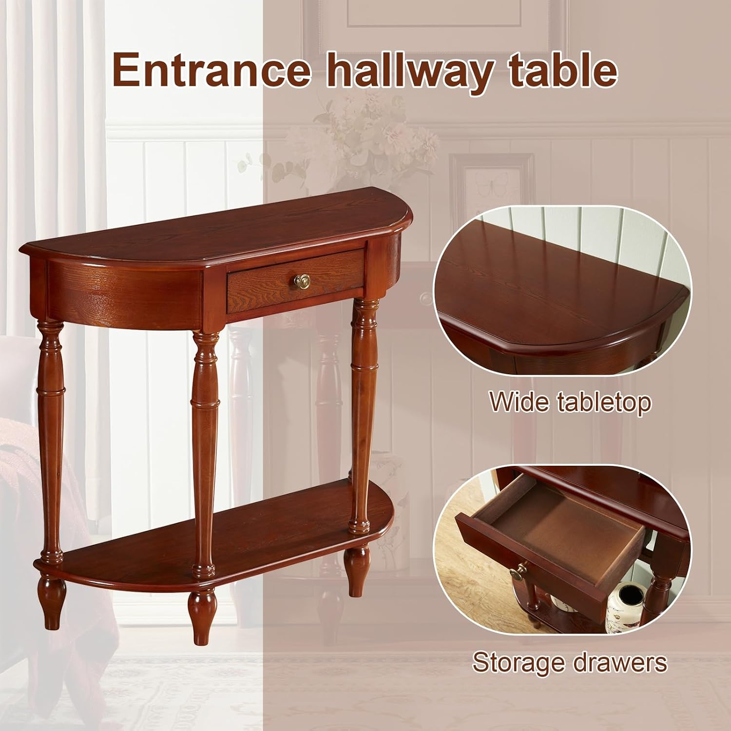 Half Moon Console Table, Solid Wood Console Tables with Drawer and Shelf, for Living Room, Hallway, Foyer, Entrance(35.4 * 11.8 * 31.5in)