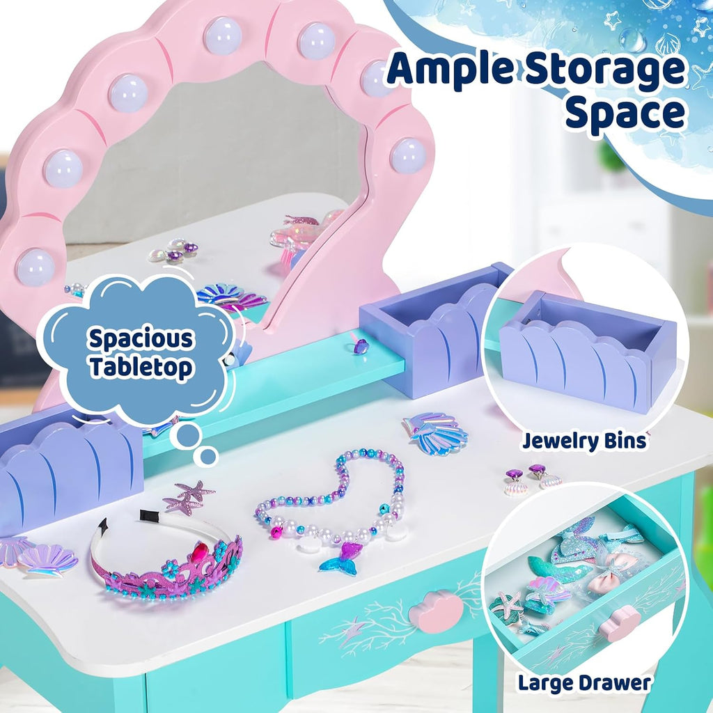 BRINJOY Kids Vanity with Lighted Mirror and Chair | Wooden Princess Vanity for Girls, 2 in 1 Ocean Theme Children Dressing Table Set, Little Girl Makeup Vanity with Mirror Gift