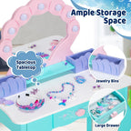 BRINJOY Kids Vanity with Lighted Mirror and Chair | Wooden Princess Vanity for Girls, 2 in 1 Ocean Theme Children Dressing Table Set, Little Girl Makeup Vanity with Mirror Gift