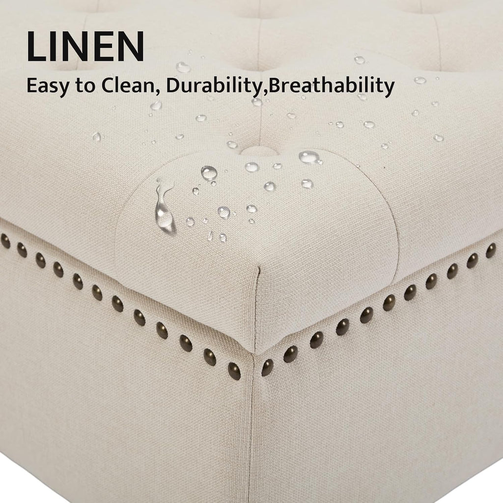 Large Square Storage Ottoman Uphlostered Tufted Button Coffee Table, Beige