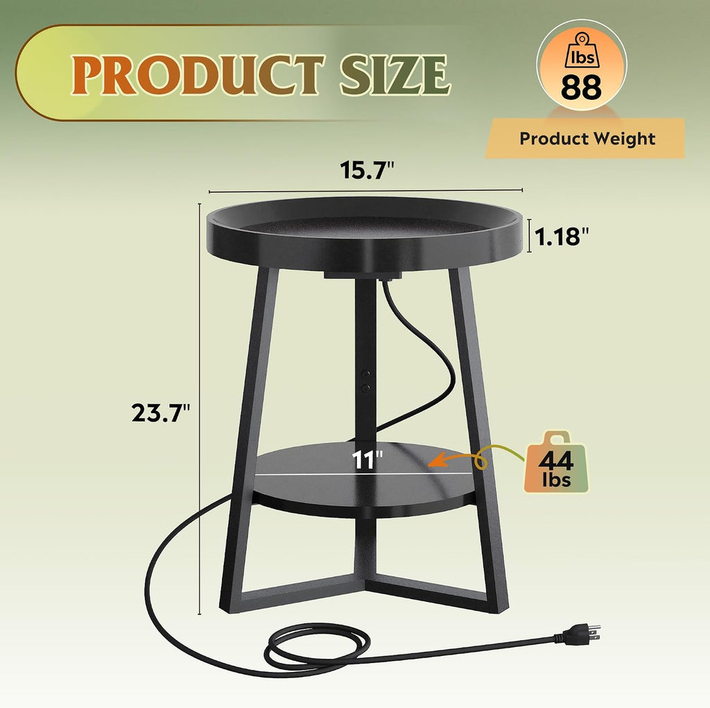 WLIVE Small Round Side Table with Charging Station, Round Coffee Table, 2 Tier End Table for Living Room/Bedroom, Sofa Couch, Easy to Assemble, Wood Tabletop & Metal Frame, Black