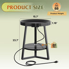 WLIVE Small Round Side Table with Charging Station, Round Coffee Table, 2 Tier End Table for Living Room/Bedroom, Sofa Couch, Easy to Assemble, Wood Tabletop & Metal Frame, Black