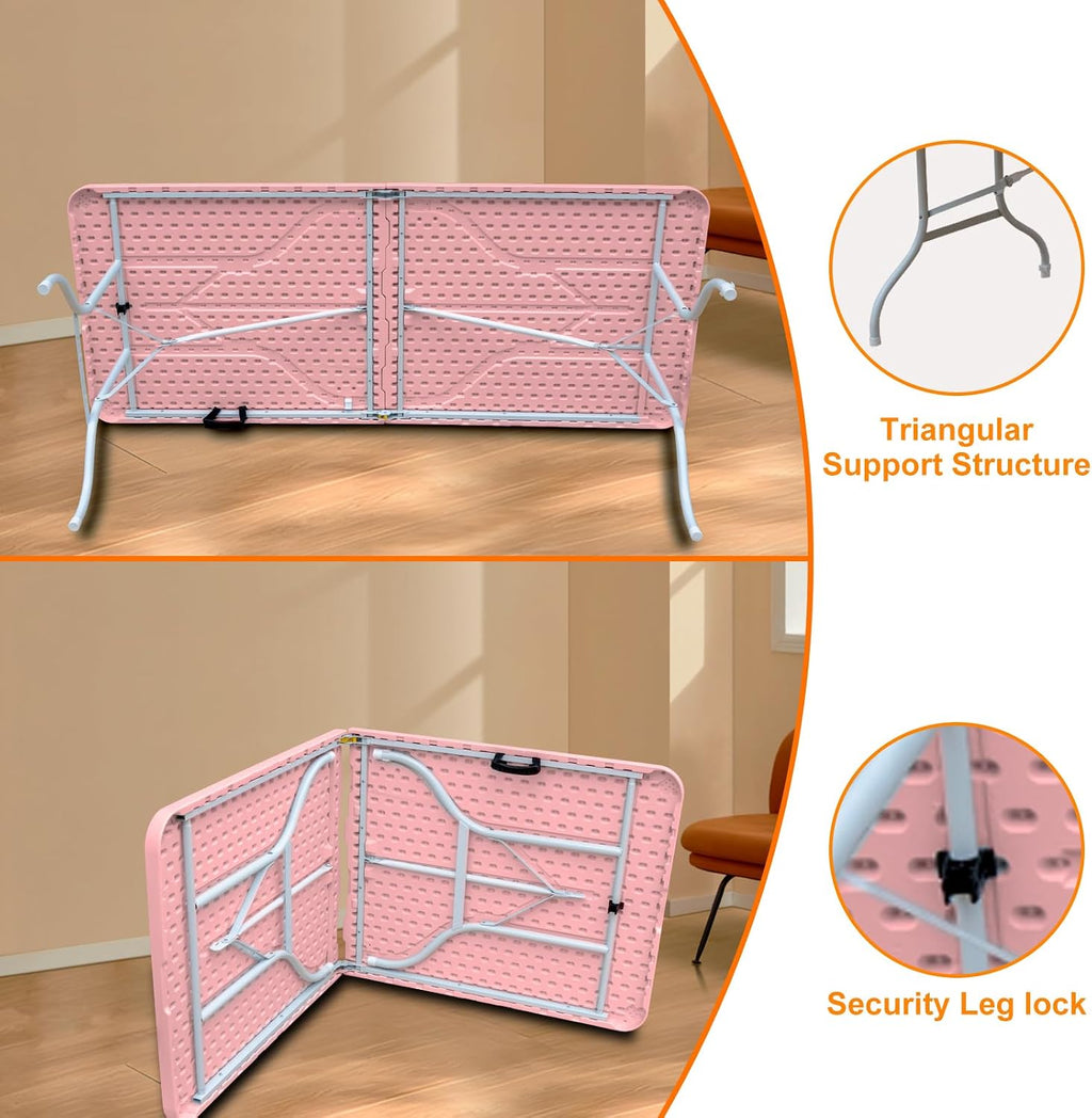 6 FT Folding Table with Carry Handle, Portable Fold-in-Half Plastic Table, Rectangle Foldable Table for Indoor/Outdoor Beautiful Pink