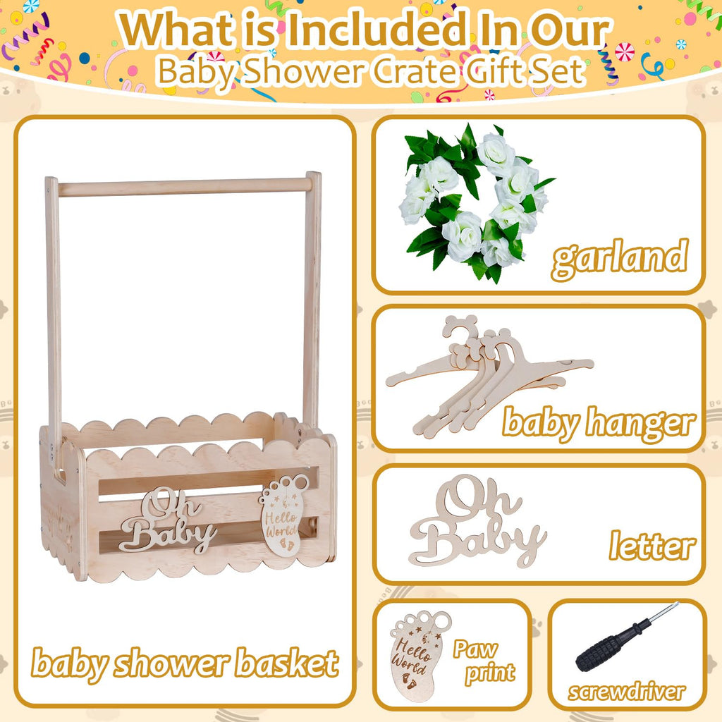 efluky Wooden Baby Shower Crate Closet with Handle,Storage Basket,Baby Clothes Hangers, Newborn Boy Girl Welcome Gift Basket | baby shower gift Safe Smooth Wooden Build Customizable DIY Decor Space