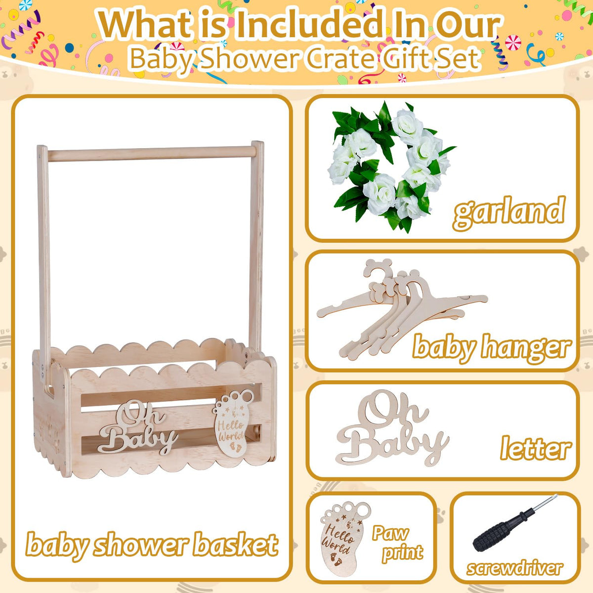 efluky Wooden Baby Shower Crate Closet with Handle,Storage Basket,Baby Clothes Hangers, Newborn Boy Girl Welcome Gift Basket | baby shower gift Safe Smooth Wooden Build Customizable DIY Decor Space