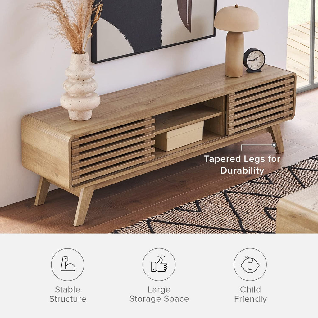 mopio Ensley 59" TV Stand with Slatted Door, Mid Century Modern Entertainment Center for 55/60/65 inch TV, Farmhouse Media Console with Storage, Adjustable Shelves, Round Edges, Living Room (Oak)