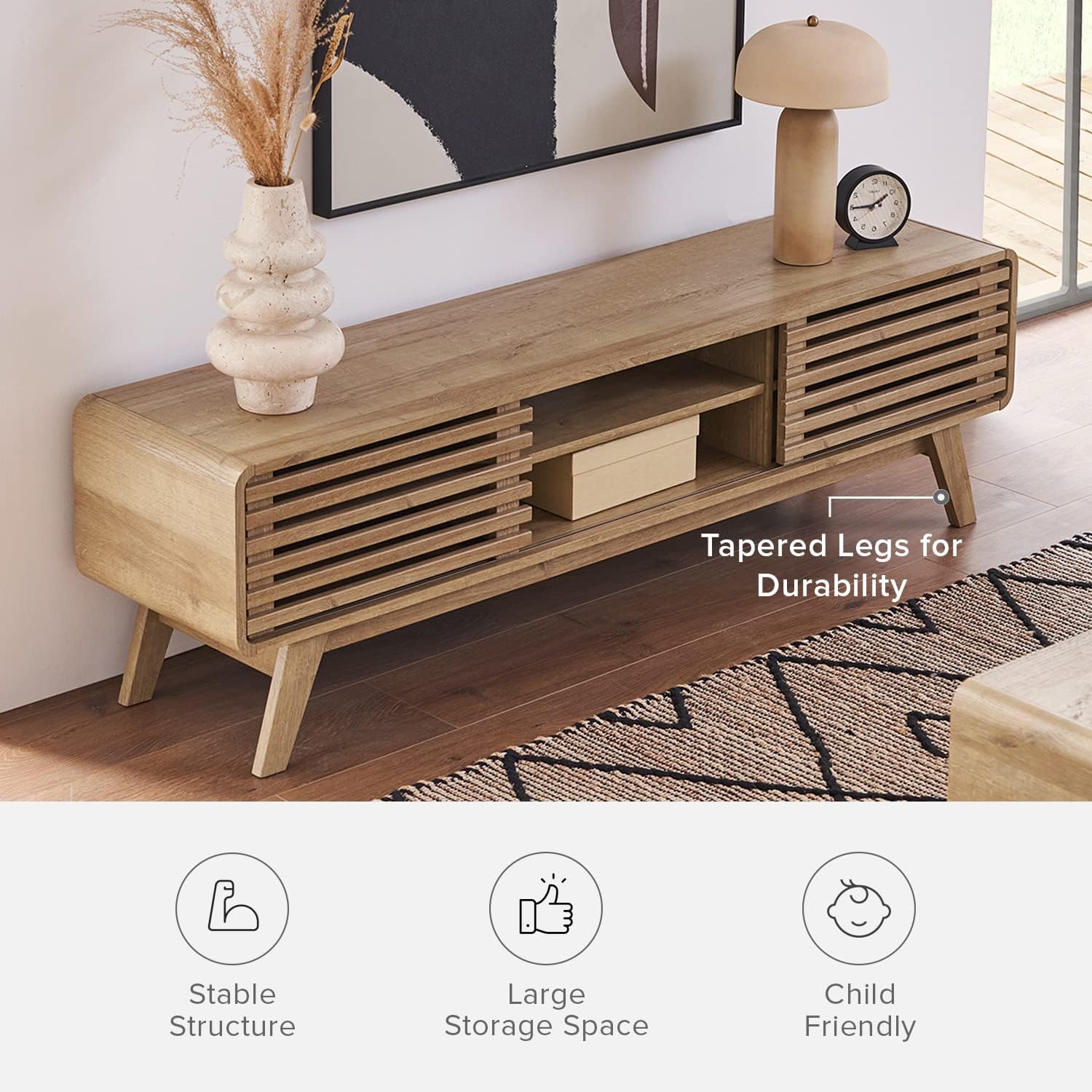mopio Ensley 59" TV Stand with Slatted Door, Mid Century Modern Entertainment Center for 55/60/65 inch TV, Farmhouse Media Console with Storage, Adjustable Shelves, Round Edges, Living Room (Oak)